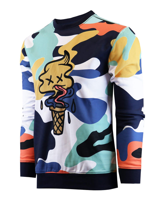 SCREENSHOT-F11076 Mens Urban Hip Hop Fleece Pullover Top - I-Screen Cone Cartoon Animatin Camo Crew Neck Streetwear Sweatshirt-White-Medium