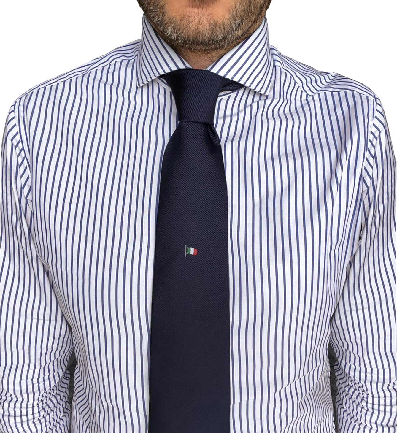 Remo Sartori Made in Italy Blue Necktie with Italian Flag Undernode Embroidery, 3.14'' Width, Silk