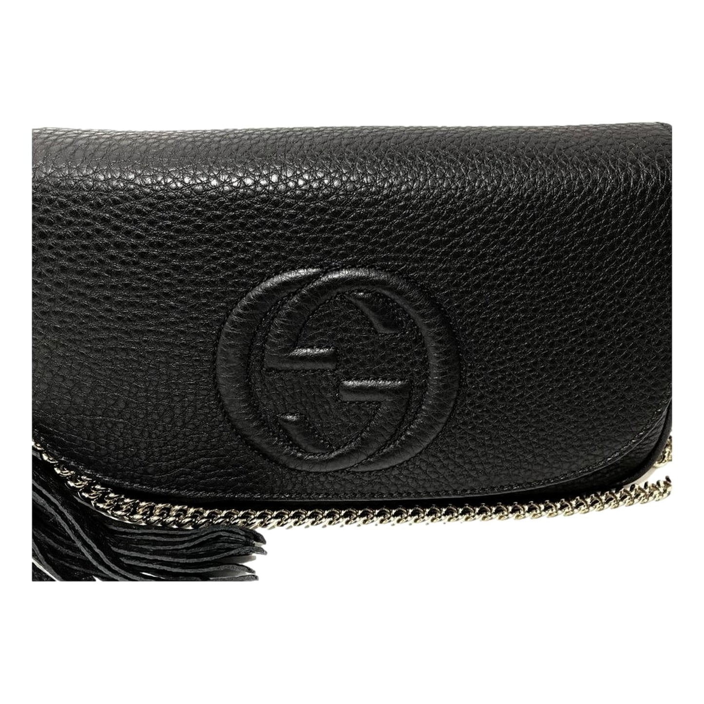 Gucci Soho Leather Flap Shoulder Bag Black Gold Tassel New Authentic