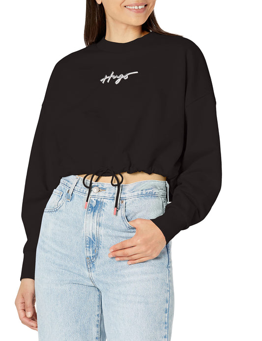 HUGO Womens Script Logo Cropped Sweatshirt With Adjustable Drawstring Pullover Sweater, Solid Black, Medium US
