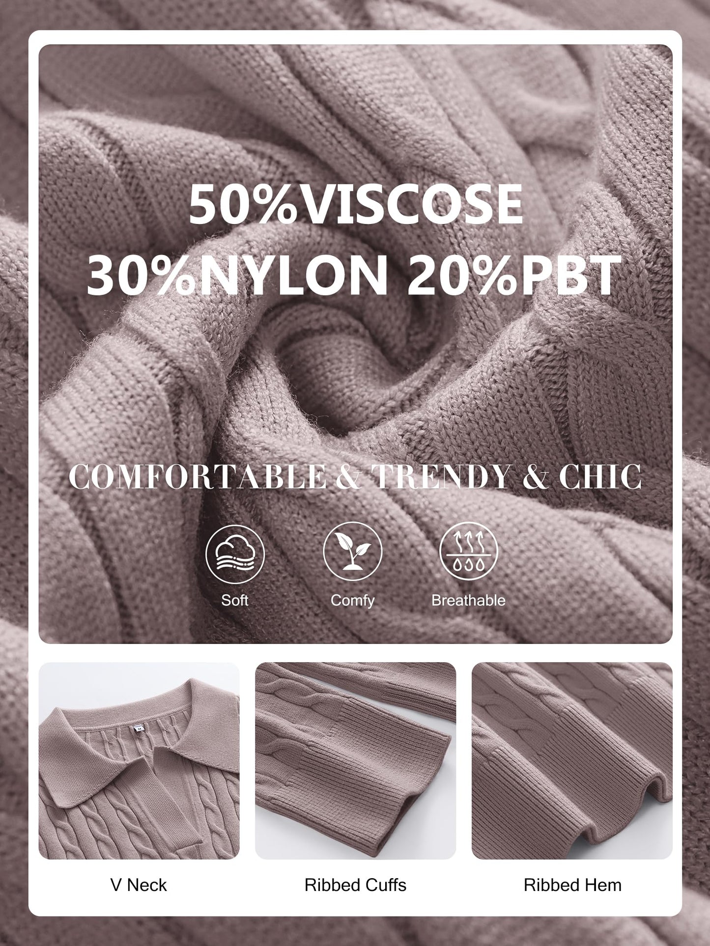 ANRABESS Womens Cable Knit Sweaters Long Sleeve V Neck Sweater Tops Casual Pullover Polo Shirts 2024 Fall Fashion Outfits Purple Taupe XL