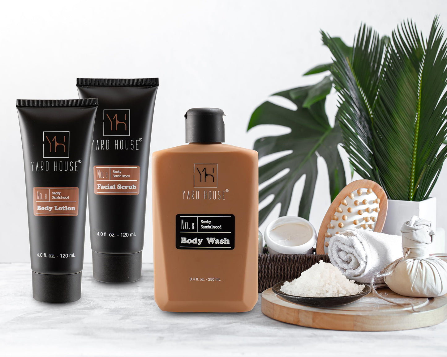 YARD HOUSE Luxury Mens Bath and Body Gift Set Basket For Him - Smoky Sandalwood - All Natural Skin Care Kit For Men w. Full Size Body Wash, Facial Scrub, Body Lotion, Deodorant in Leather Toiletry Bag