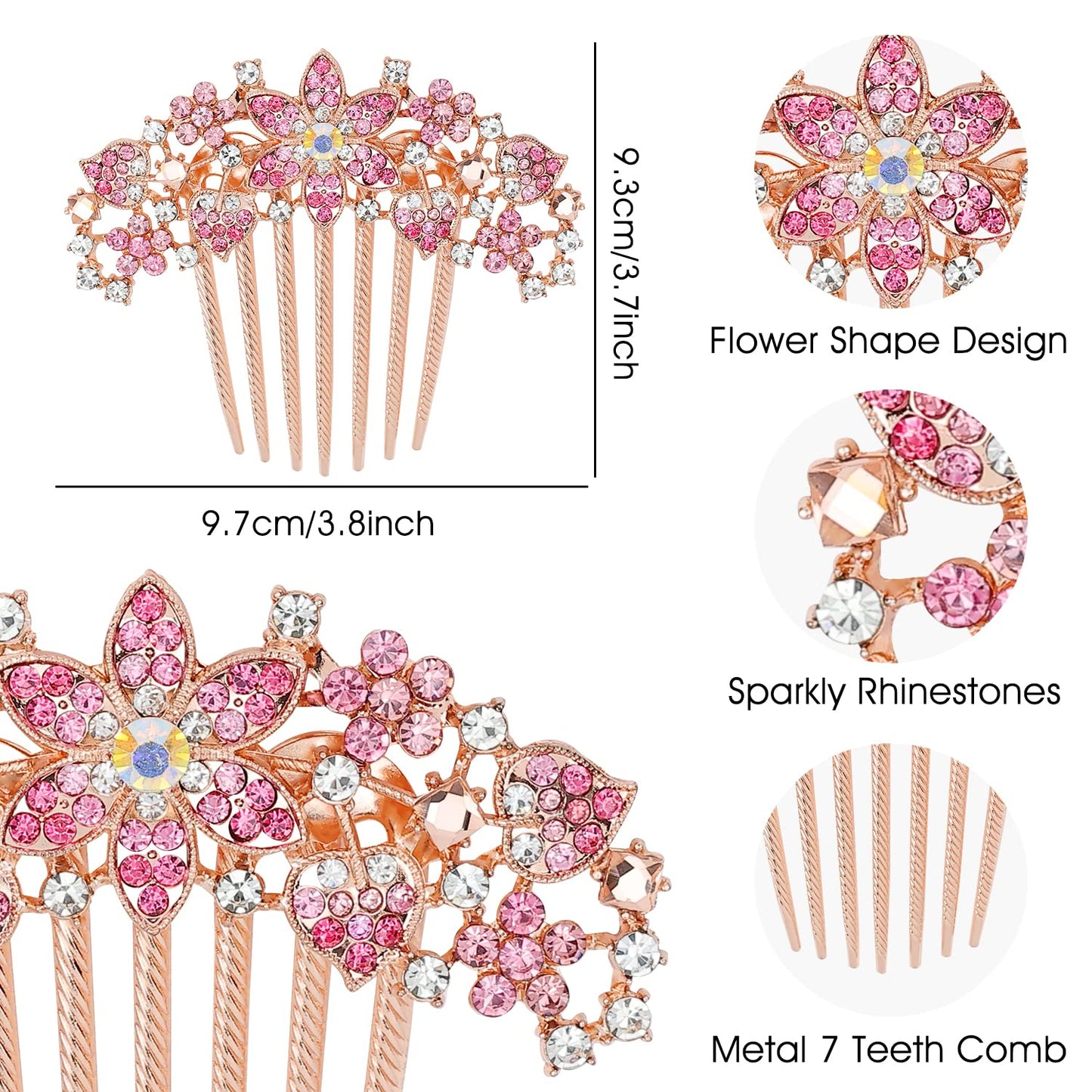 inSowni 4 Pack Luxury Glitter Sparkly Jeweled Gems Crystals Rhinestones Gold Metal Hair Side Combs Slides with Long Teeth Hair Bun Chignon Accessories Hairpins Barrettes Clips for Women Girls