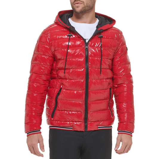 Calvin Klein Men's Hooded Super Shine Puffer, True Red, Large