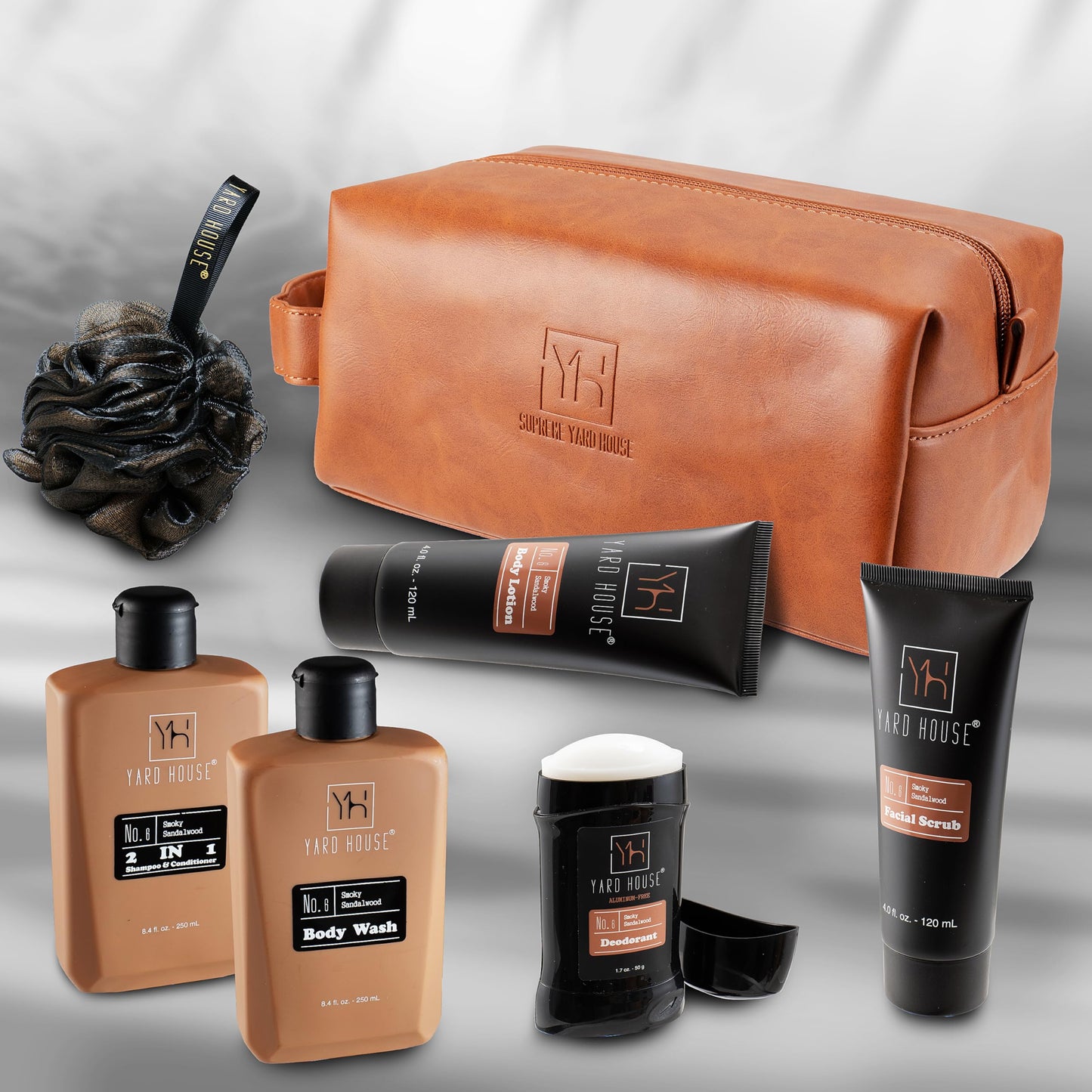 YARD HOUSE Luxury Mens Bath and Body Gift Set Basket For Him - Smoky Sandalwood - All Natural Skin Care Kit For Men w. Full Size Body Wash, Facial Scrub, Body Lotion, Deodorant in Leather Toiletry Bag