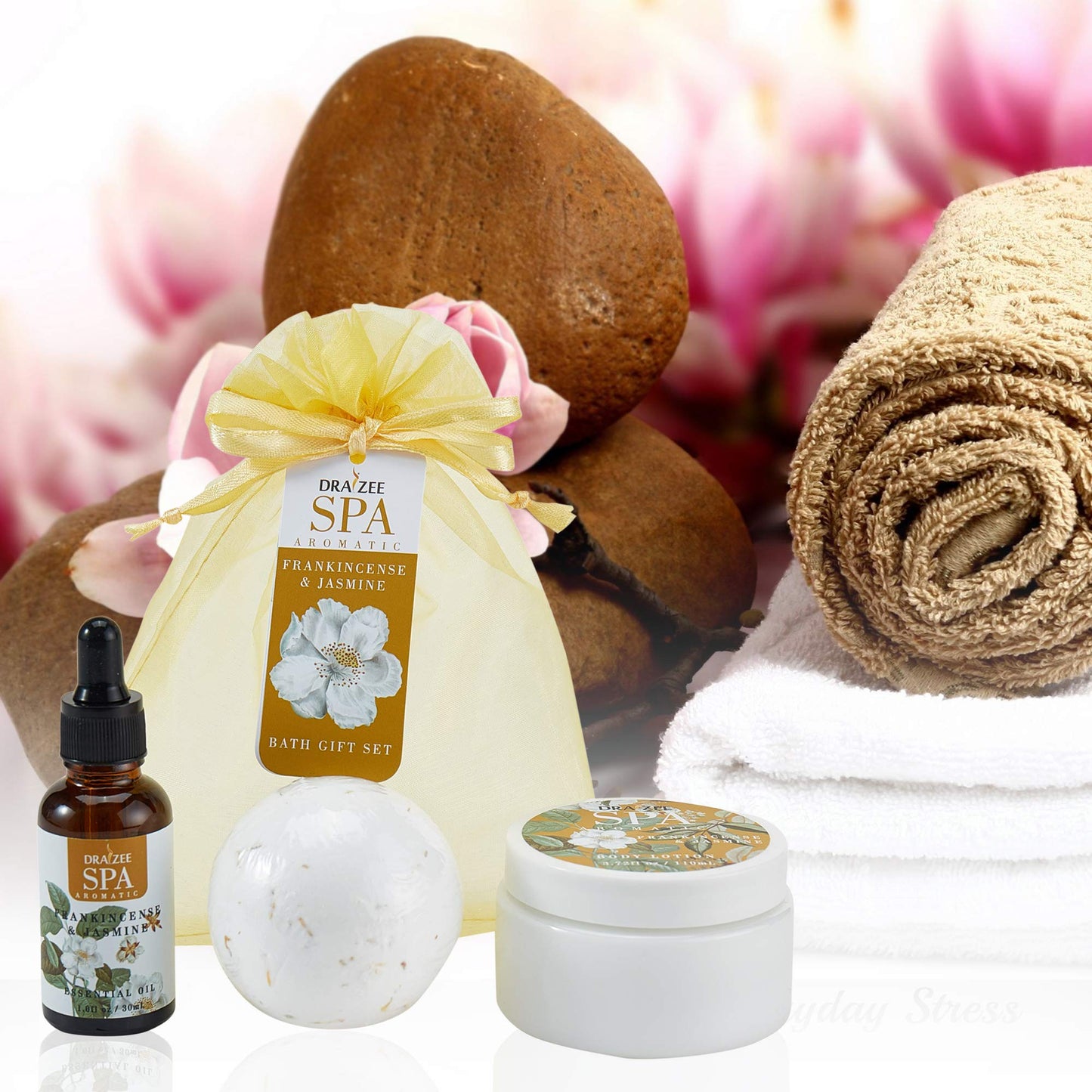 Mother's Day Gift- Draizee Home Spa Bath Gift Set for Womens and Girls w /Refreshing Frankincense & Jasmine Fragrance, 3 Pieces - Luxury Skin Care Set Includes Body Lotion, Essential Oil, Bath Bomb