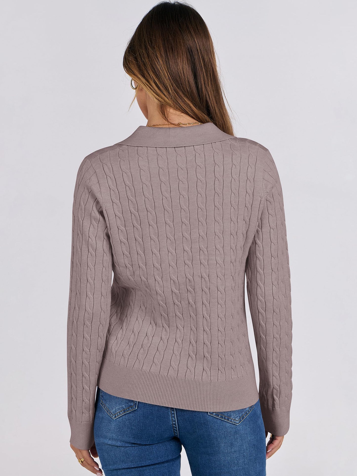 ANRABESS Womens Cable Knit Sweaters Long Sleeve V Neck Sweater Tops Casual Pullover Polo Shirts 2024 Fall Fashion Outfits Purple Taupe XL