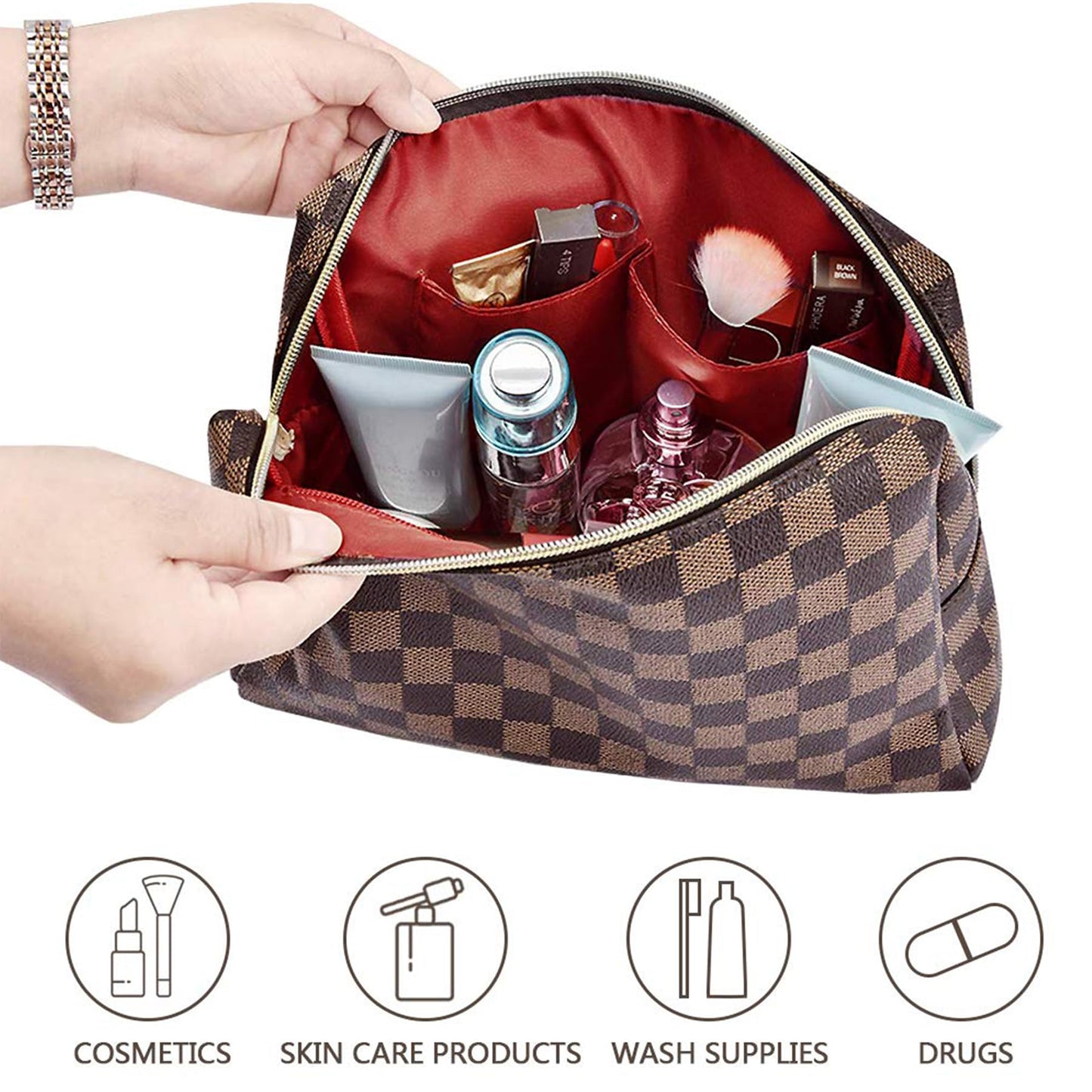 BAGCRAZY Makeup Bag, Cosmetic Bag, Portable Leather Large Checkered Makeup Bag, 2 Pack Large Capacity Travel Cosmetic Bag for Women, Lightweight Design and Waterproof Toiletries Bag Christmas Gifts
