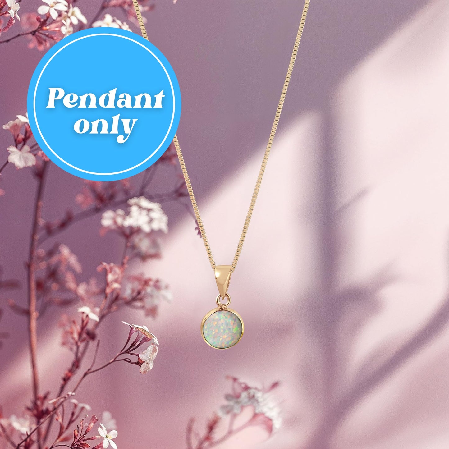 14K Gold White Opal Pendant - 14K Solid Yellow Gold Dainty Pendant with October Birthstone, Simple 8mm Size Round Opal Gemstone - Delicate Handmade Jewelry for Classy Women