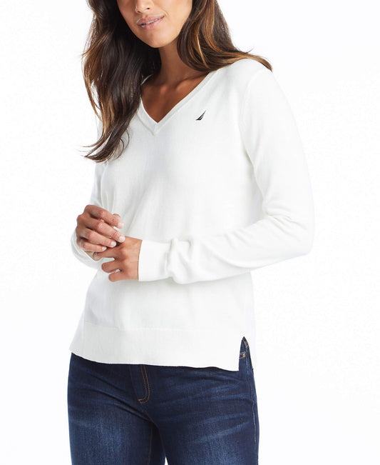 Nautica womens Effortless J-class Long Sleeve 100% Cotton V-neck Sweater, Marshmallow, Medium US