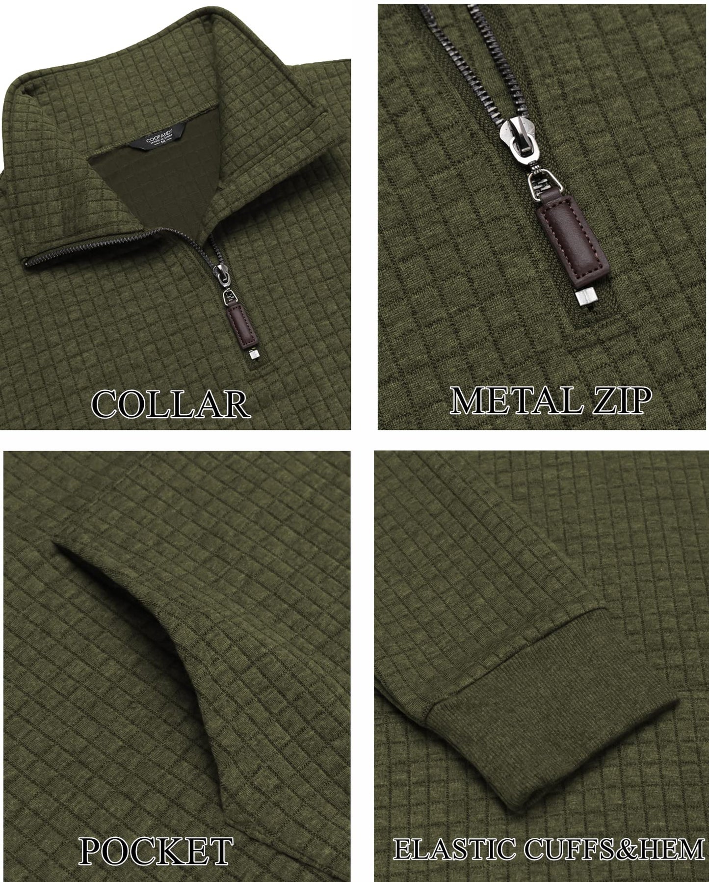 COOFANDY Mens Quarter Zip Sweatshirt Long Sleeve Casual Waffle Pullover Sweatshirt with Pocket Army Green
