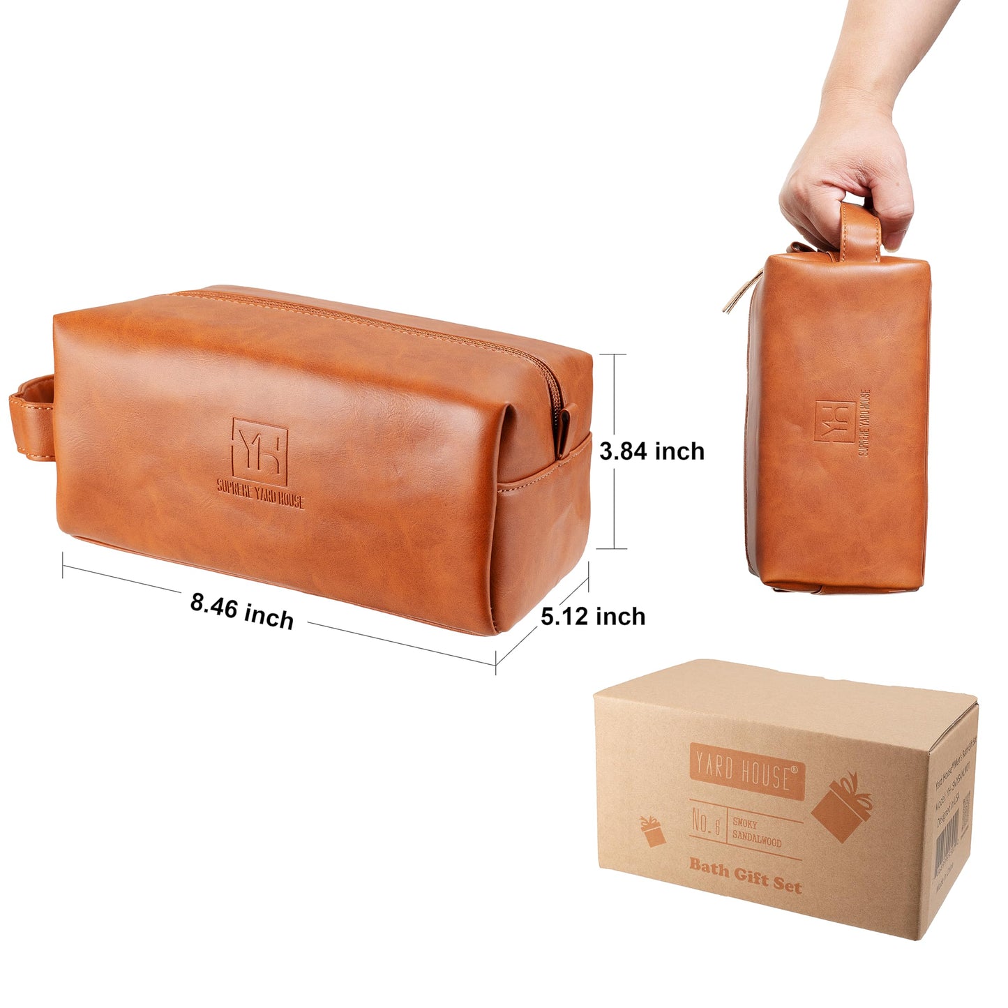 YARD HOUSE Luxury Mens Bath and Body Gift Set Basket For Him - Smoky Sandalwood - All Natural Skin Care Kit For Men w. Full Size Body Wash, Facial Scrub, Body Lotion, Deodorant in Leather Toiletry Bag