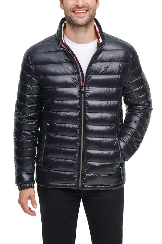 Tommy Hilfiger Men's Water Resistant Ultra Loft Down Alternative Puffer Jacket, Black Wet Look, Large