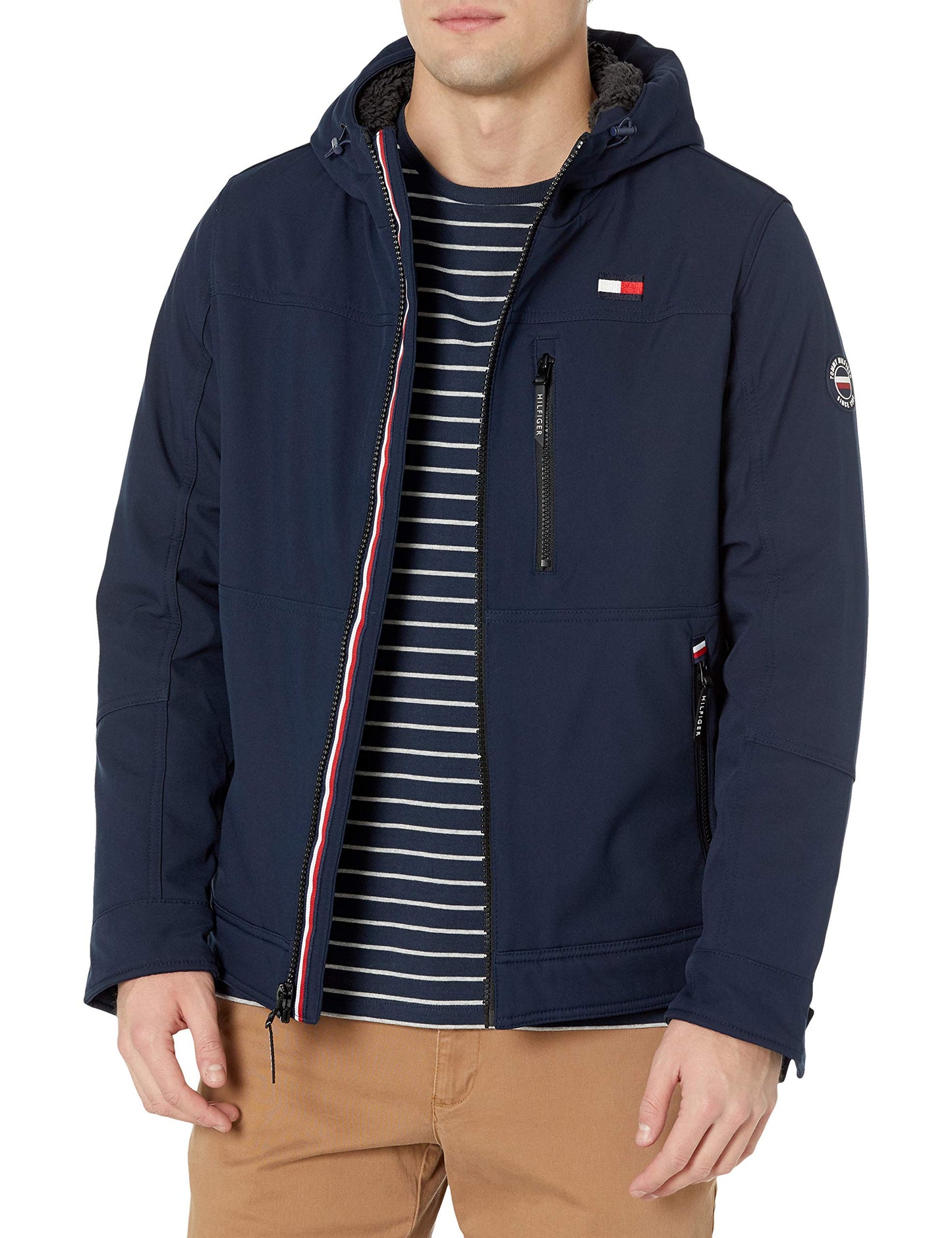 Tommy Hilfiger Men's Filled Soft Shell Hooded Open Bottom Jacket with Full Sherpa Lining, Midnight Tech, XX-Large