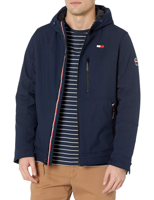 Tommy Hilfiger Men's Filled Soft Shell Hooded Open Bottom Jacket with Full Sherpa Lining, Midnight Tech, XX-Large