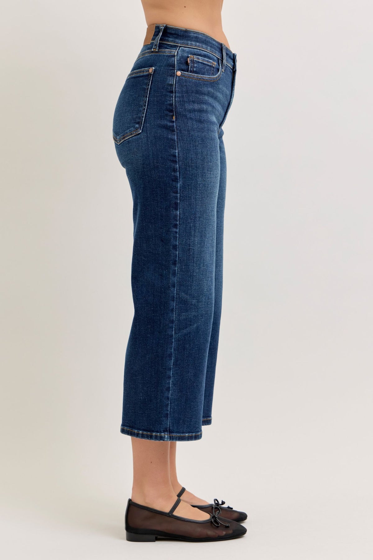 Judy Blue High Waist Dark Wash Ankle Wide Stretch Denim Jeans, 28" Inseam
