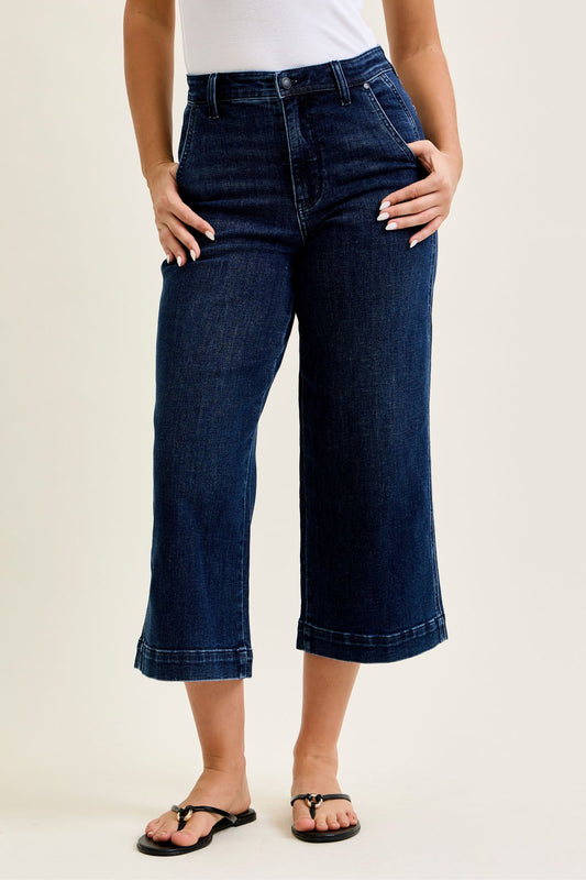 Judy Blue High Waist Dark Wash Ankle Wide Trouser Jeans, Inseam 28"