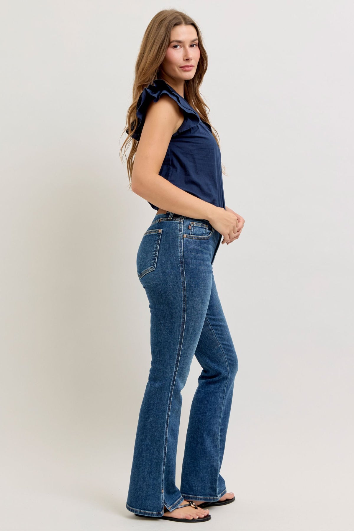 Judy Blue Mid Rise Bootcut Jeans with Side Slit and Cell Phone Pocket, Inseam 32"