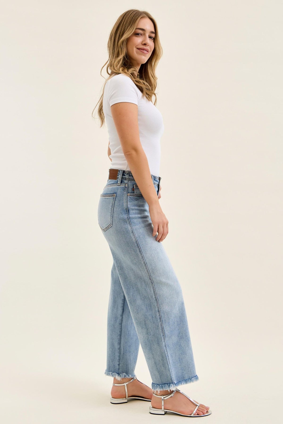 Judy Blue Mid Rise Light Wash Ankle Wide Leg Jeans with Hollywood Waistband & Fray Hem