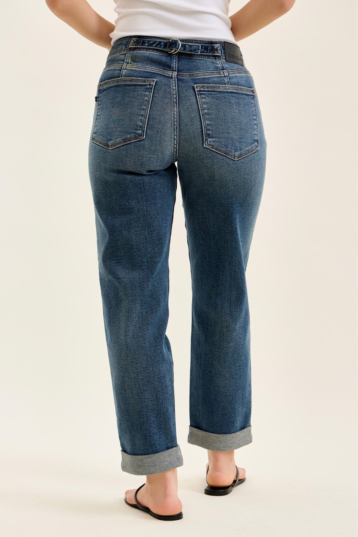 Judy Blue Mid Rise Dark Wash Boyfriend with Adjustable Back Tab + Hollywood WaistBand Jeans - Inseam 28