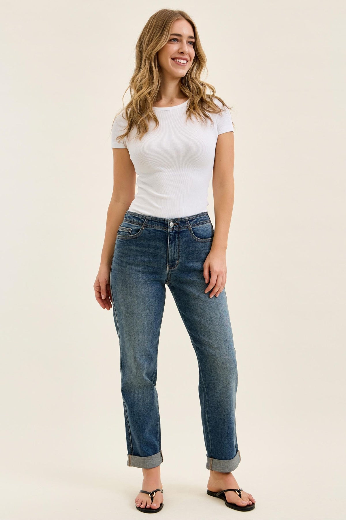 Judy Blue Mid Rise Dark Wash Boyfriend with Adjustable Back Tab + Hollywood WaistBand Jeans - Inseam 28
