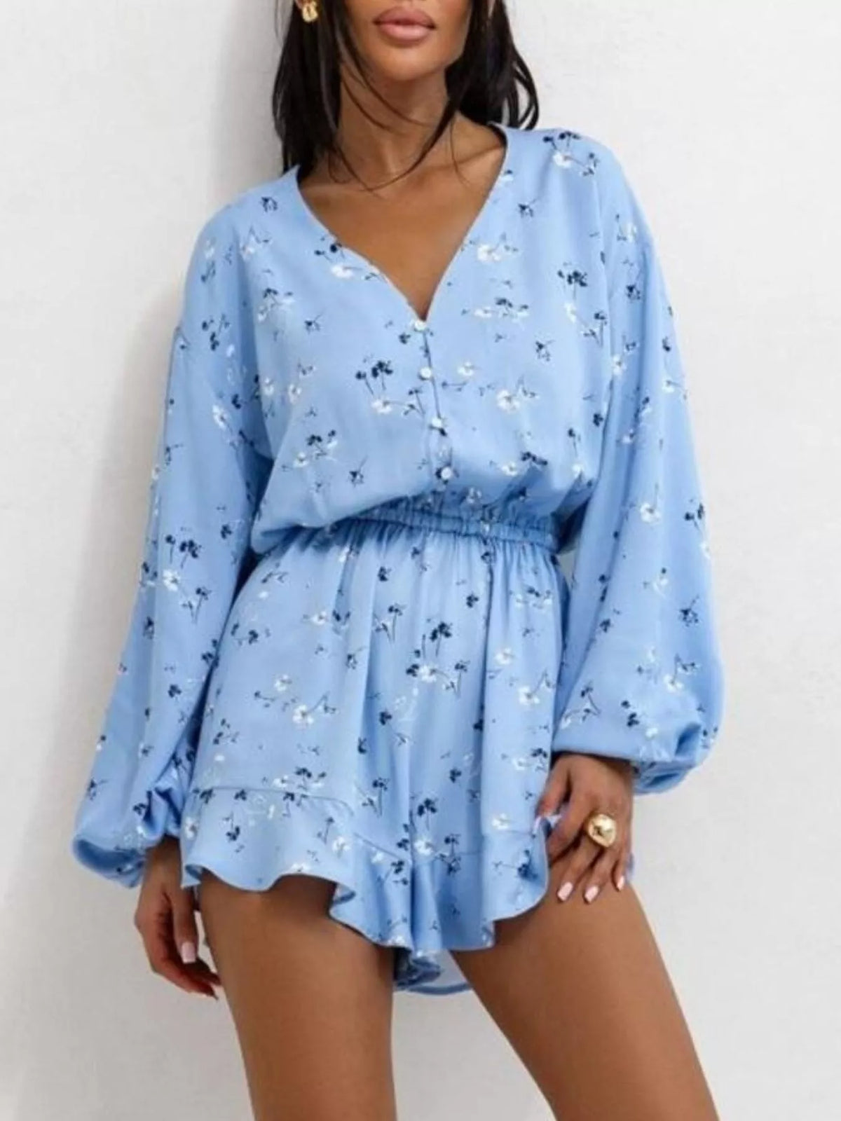 Floral V-Neck Long Sleeve Romper with Elastic Waist