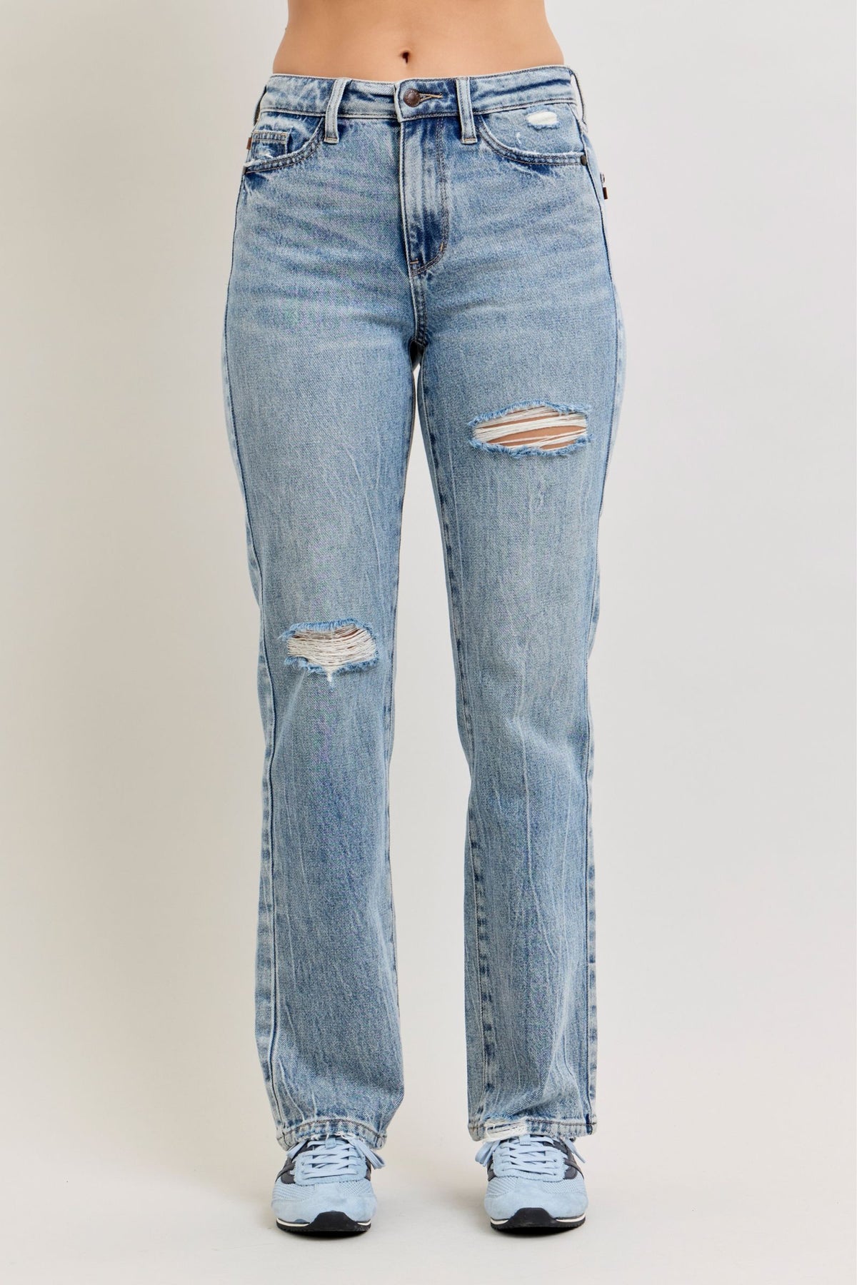 Judy Blue High Waist Light Wash Rigid Magic Slim Straight Jeans, Inseam 32"