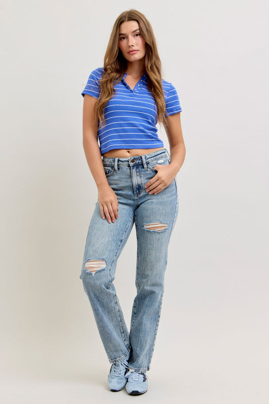 Judy Blue High Waist Light Wash Rigid Magic Slim Straight Jeans, Inseam 32"