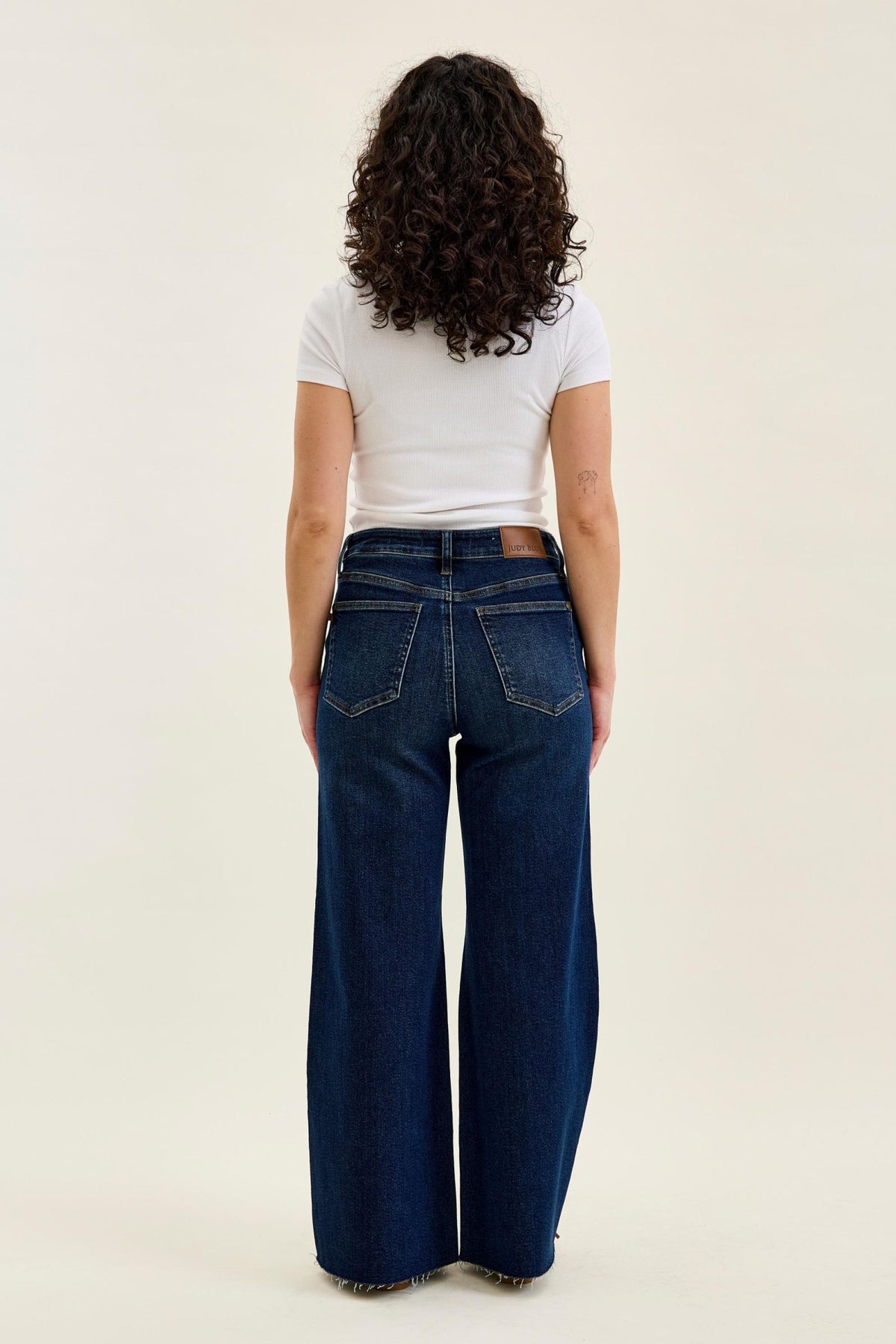 Judy Blue High Waist Dark Wash Retro Wide Leg Jeans – Adjustable Waist Tabs & Raw Hem, Petite 29” Inseam