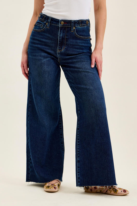 Judy Blue High Waist Dark Wash Retro Wide Leg Jeans – Adjustable Waist Tabs & Raw Hem, Petite 29” Inseam