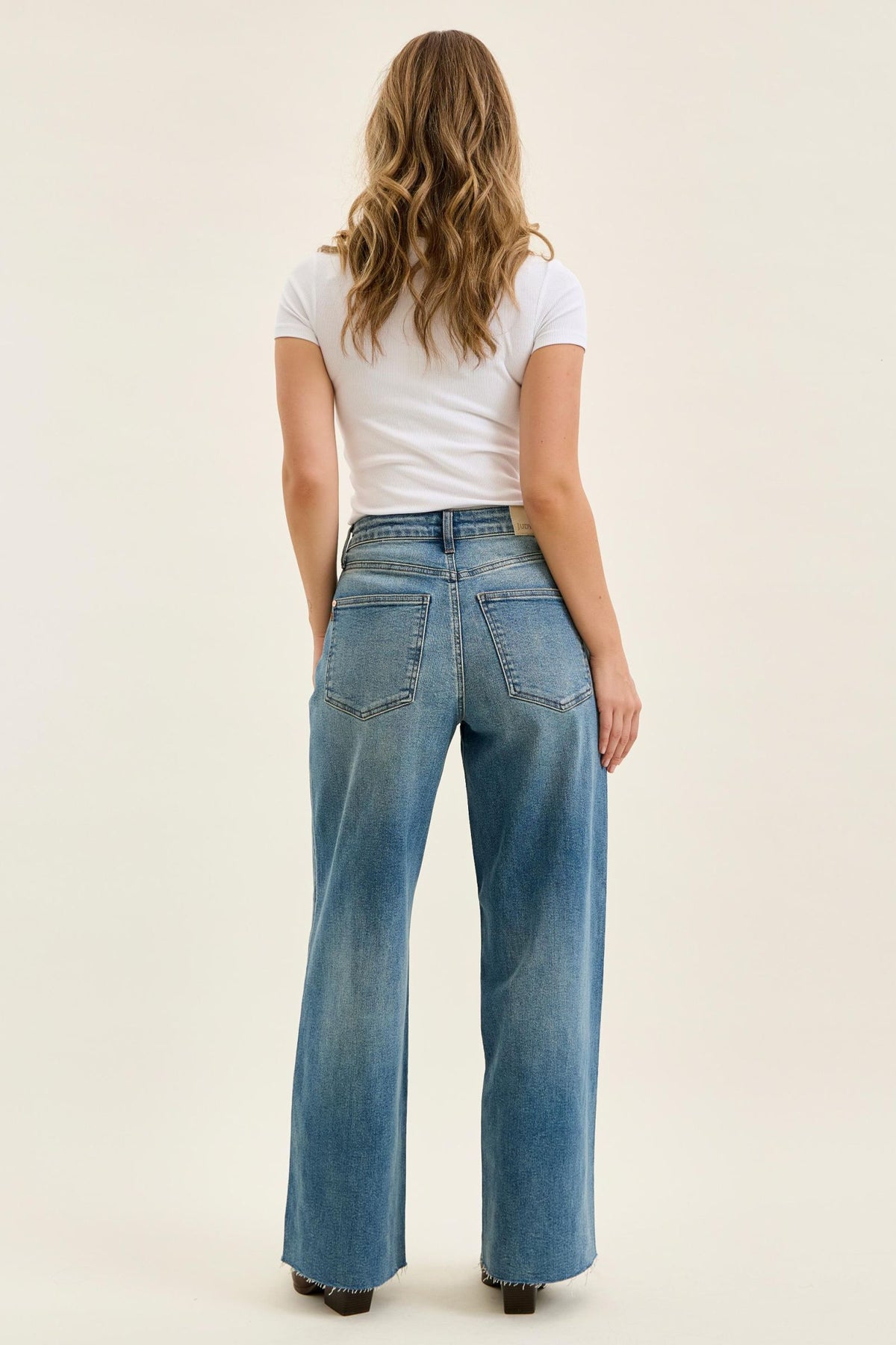 Judy Blue High Waist Vintage Indigo Wilhelmina Baggy Jeans – Rigid Magic Denim, Raw Hem, Relaxed Wide Leg Fit