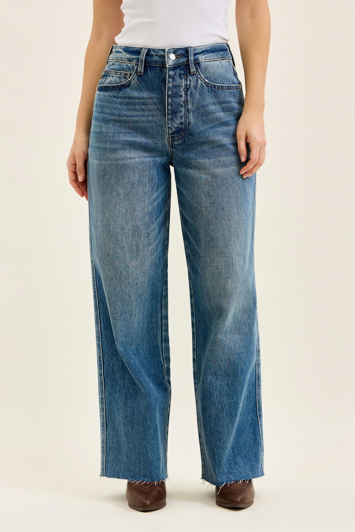 Judy Blue High Waist Vintage Indigo Wilhelmina Baggy Jeans – Rigid Magic Denim, Raw Hem, Relaxed Wide Leg Fit