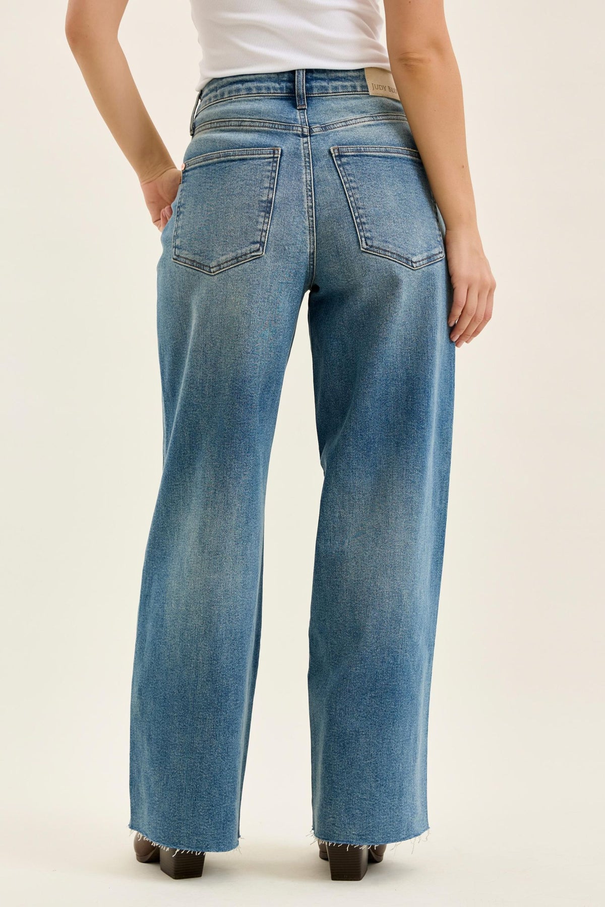 Judy Blue High Waist Vintage Indigo Wilhelmina Baggy Jeans – Rigid Magic Denim, Raw Hem, Relaxed Wide Leg Fit
