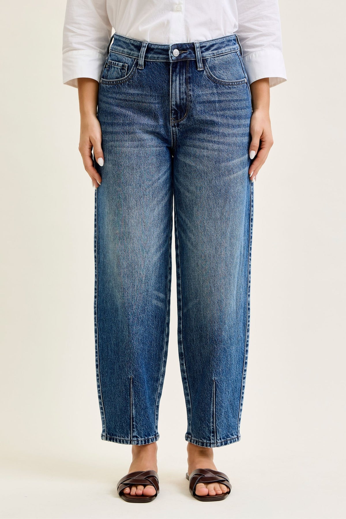 Judy Blue High Waist Rigid Magic Barrel Leg Jeans with Front Dart Detailing, Inseam 28"