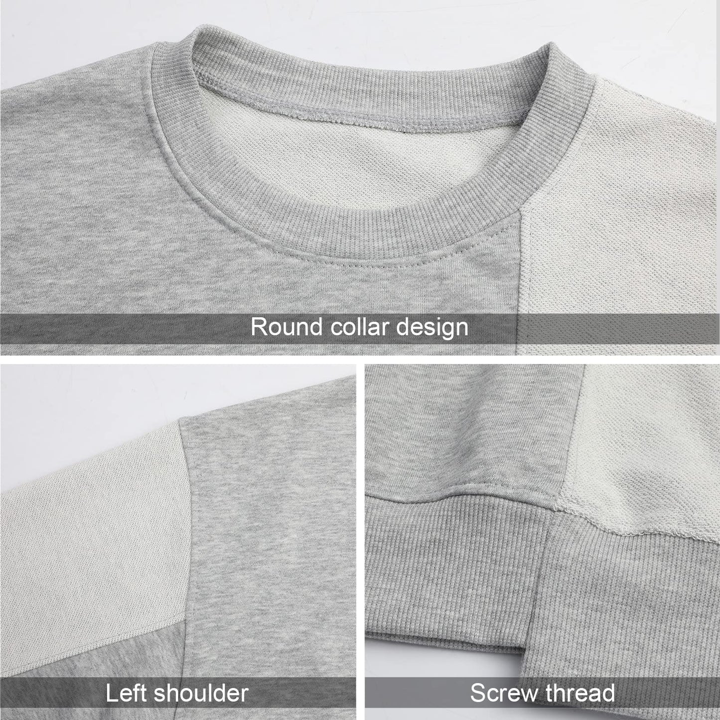 Surenow Mens Patchwork Crewneck Sweatshirt Long-Sleeve Lightweight Terry Sweatshirt Casual Workout Pullover Shirt Tops Grey