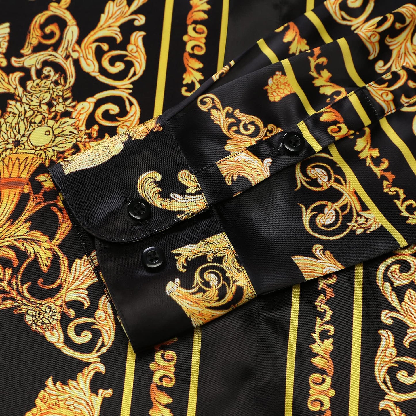 Mens Luxury Brand Printed Silk Like Satin Button Down Dress Shirt for Party Prom Long Sleeve Black Gold Floral Nightclub Shirt