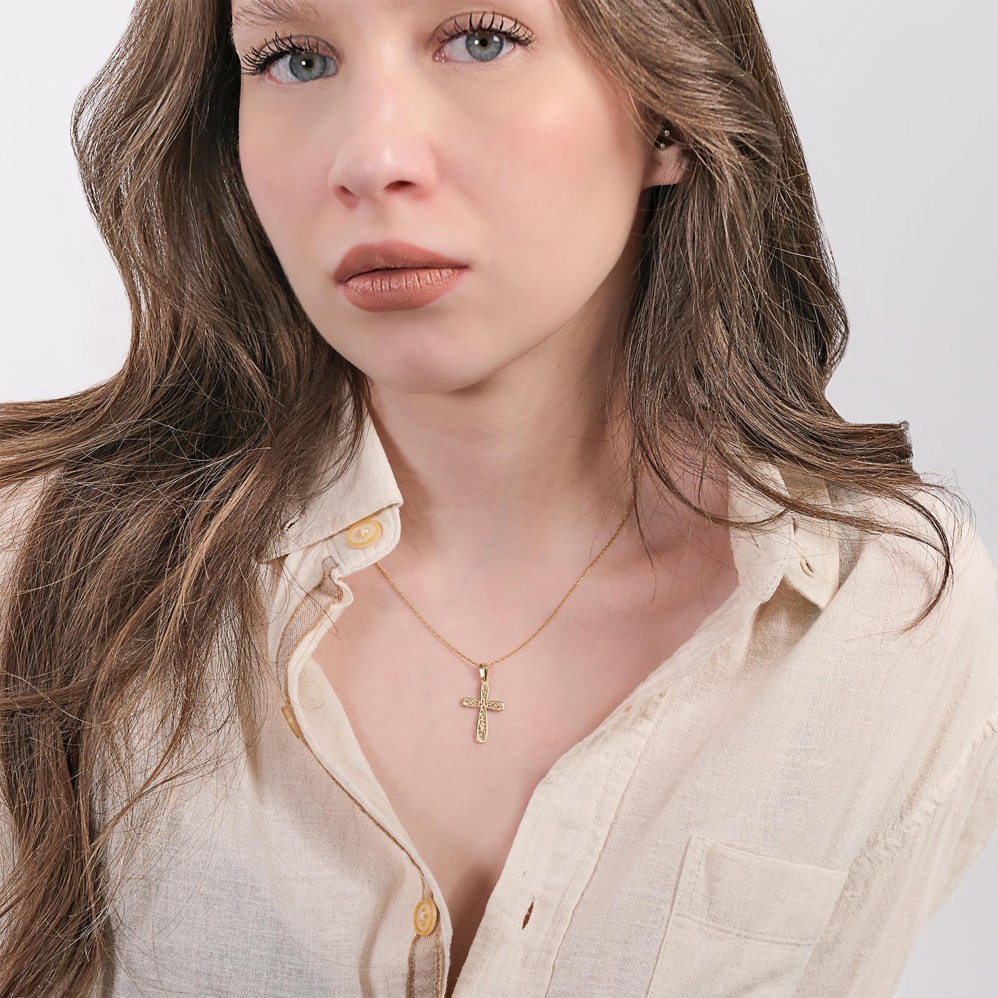 MIONZA 14K Solid Gold Cross Necklace for Women, Pattern Floral Gold Cross Pendant Chain,Adjustable Crucifix Necklace,Religious Gifts for Her 18'' (14K Solid Yellow Gold)