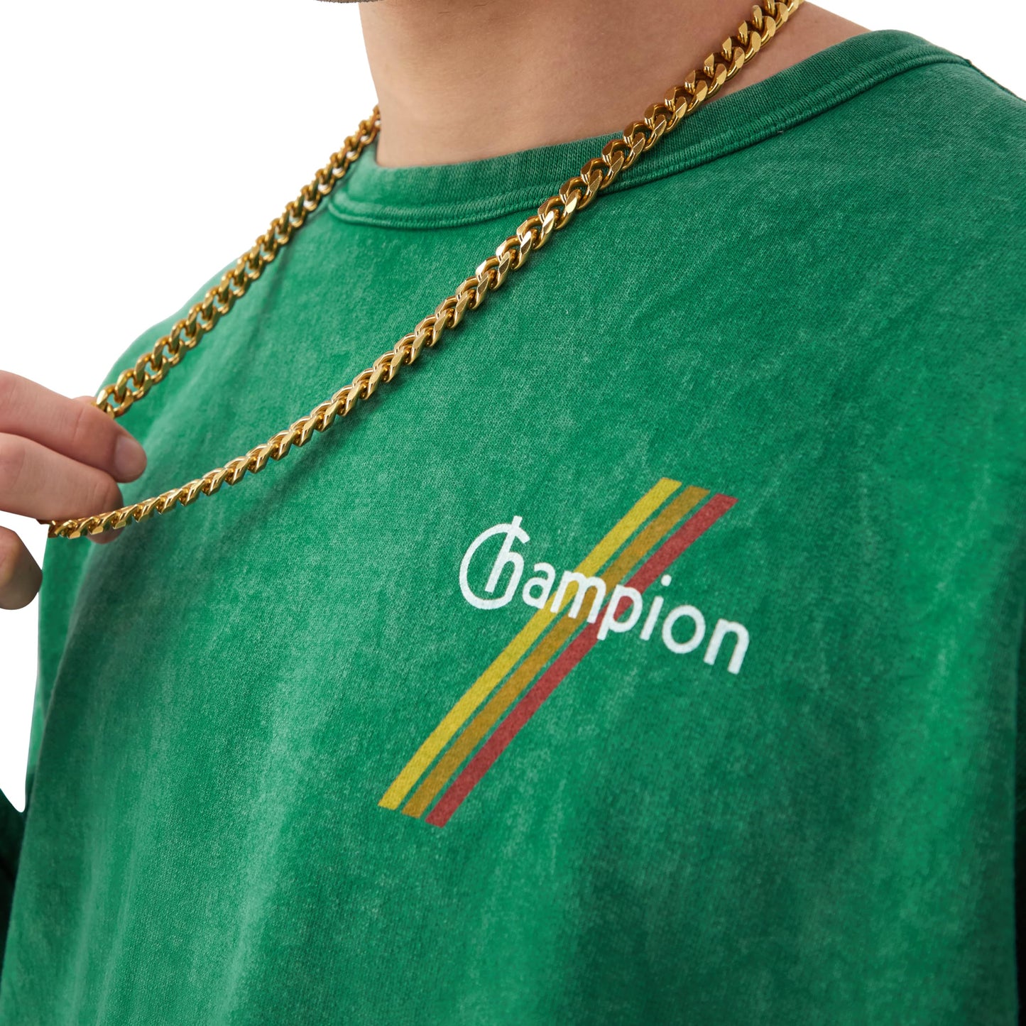 Champion, Mineral Dye Graphic Crewneck, Men's Pullover Sweatshirt, Road Sign Green Script Stripe