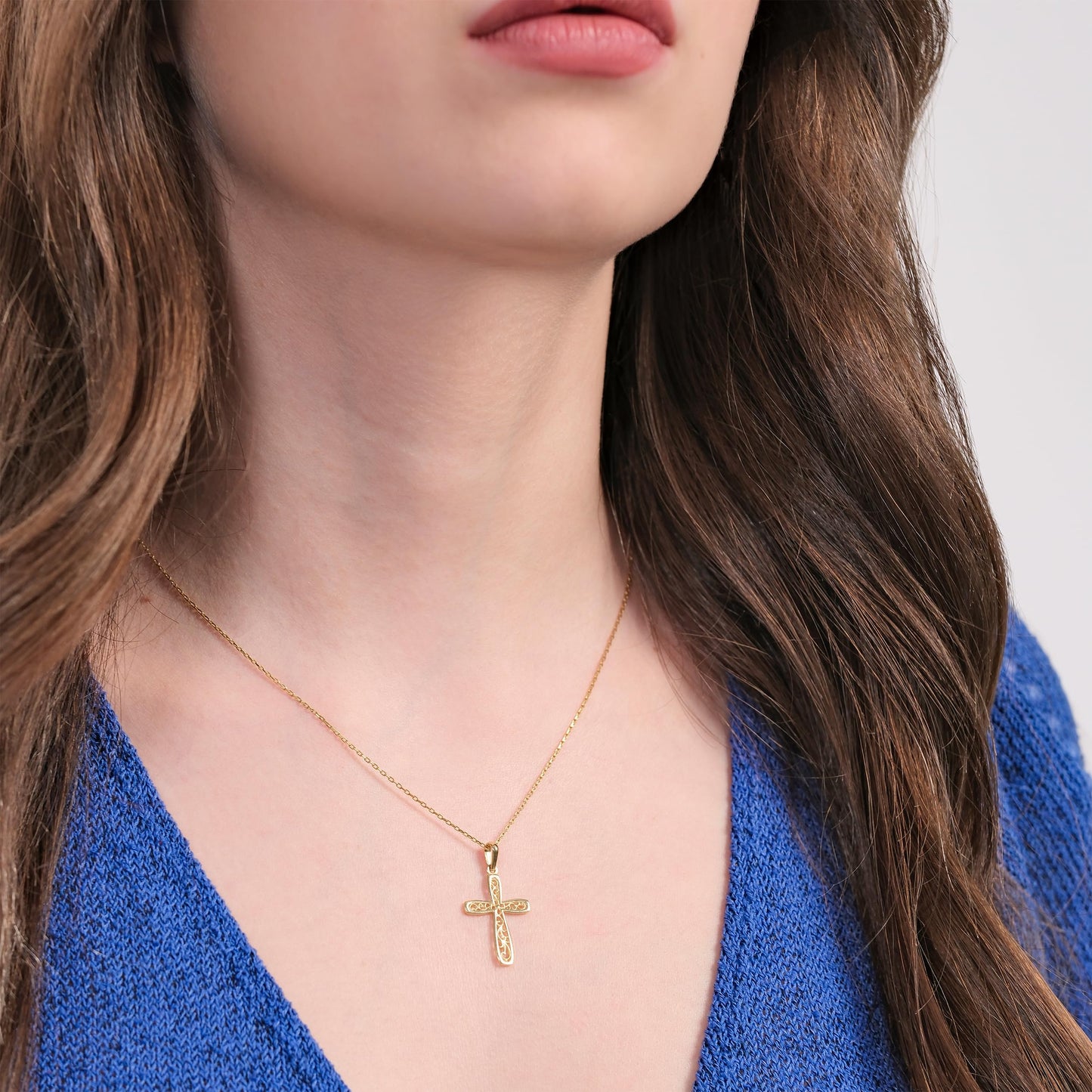 MIONZA 14K Solid Gold Cross Necklace for Women, Pattern Floral Gold Cross Pendant Chain,Adjustable Crucifix Necklace,Religious Gifts for Her 18'' (14K Solid Yellow Gold)