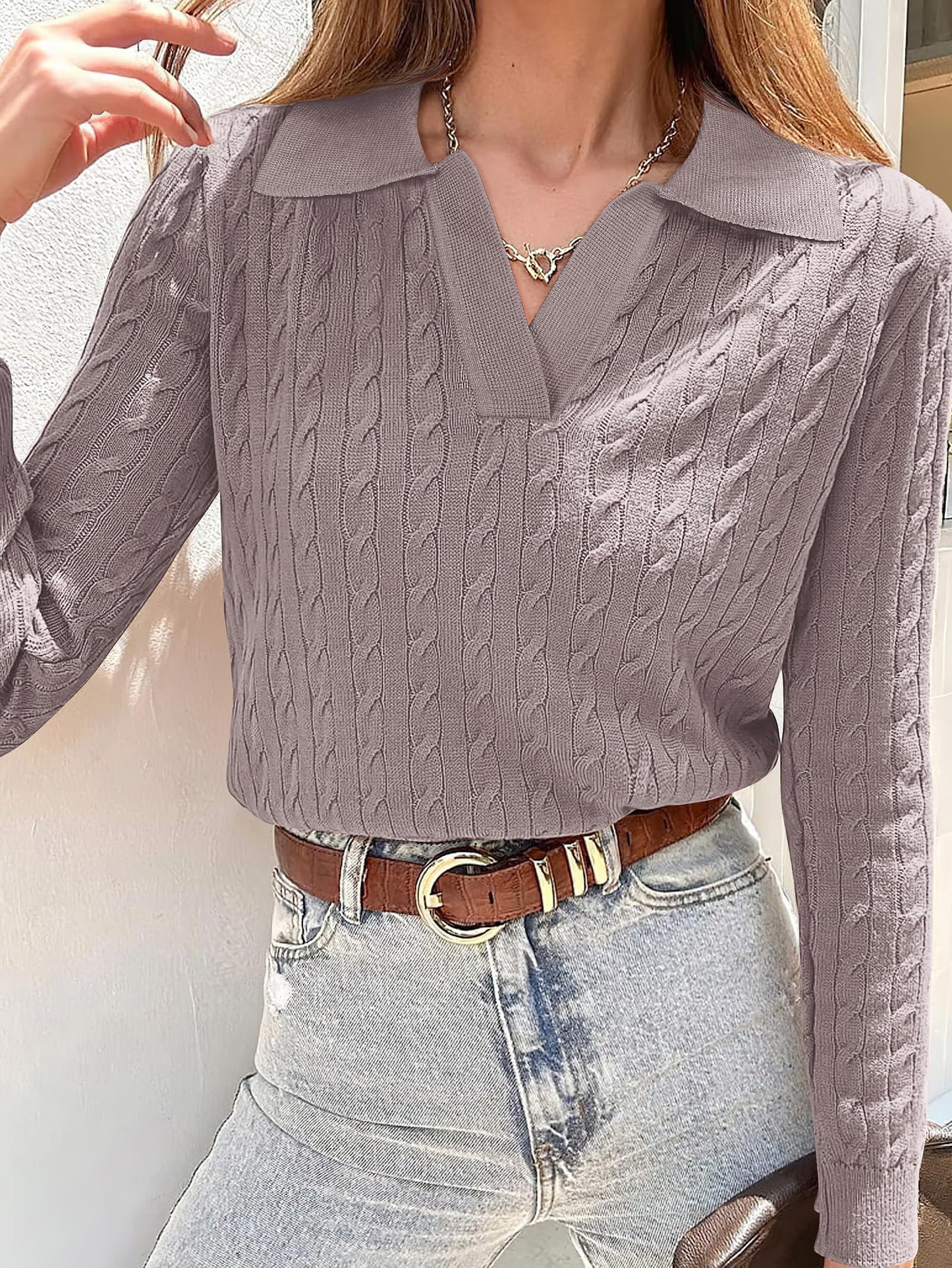 ANRABESS Womens Cable Knit Sweaters Long Sleeve V Neck Sweater Tops Casual Pullover Polo Shirts 2024 Fall Fashion Outfits Purple Taupe XL