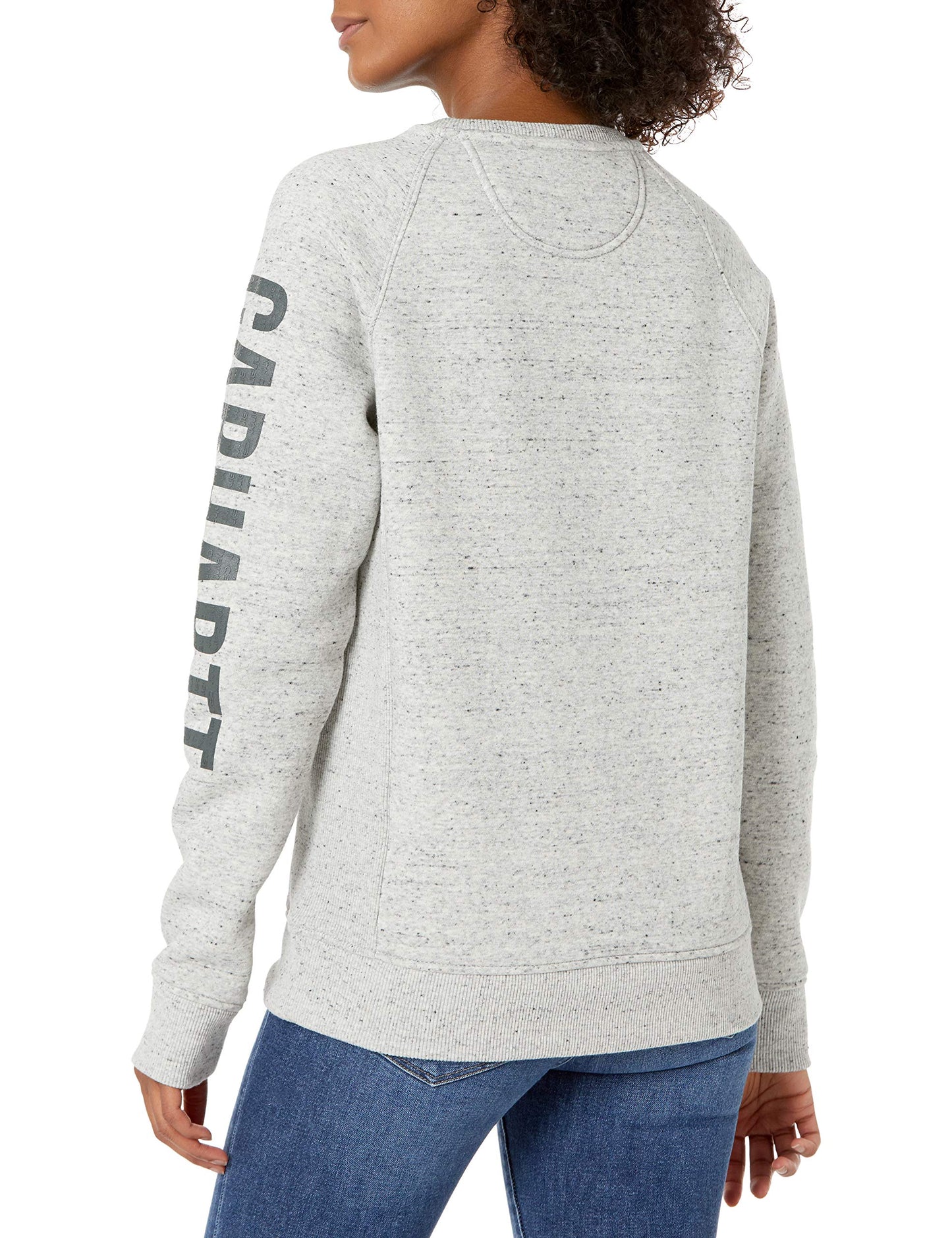 Carhartt Women's Relaxed Fit Midweight Crewneck Block Logo Sleeve Graphic Sweatshirt, Asphalt Heather NEP, Small