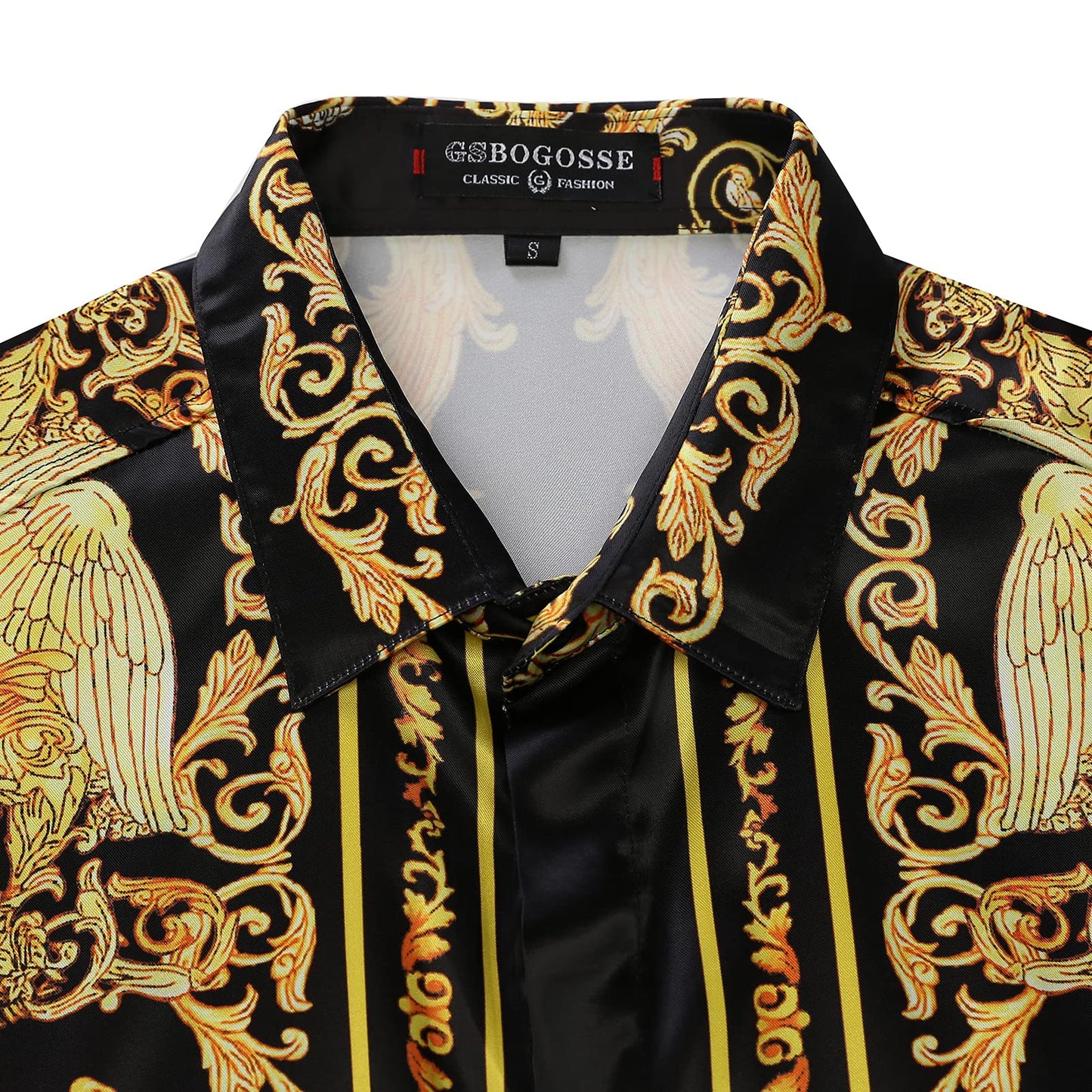 Mens Luxury Brand Printed Silk Like Satin Button Down Dress Shirt for Party Prom Long Sleeve Black Gold Floral Nightclub Shirt