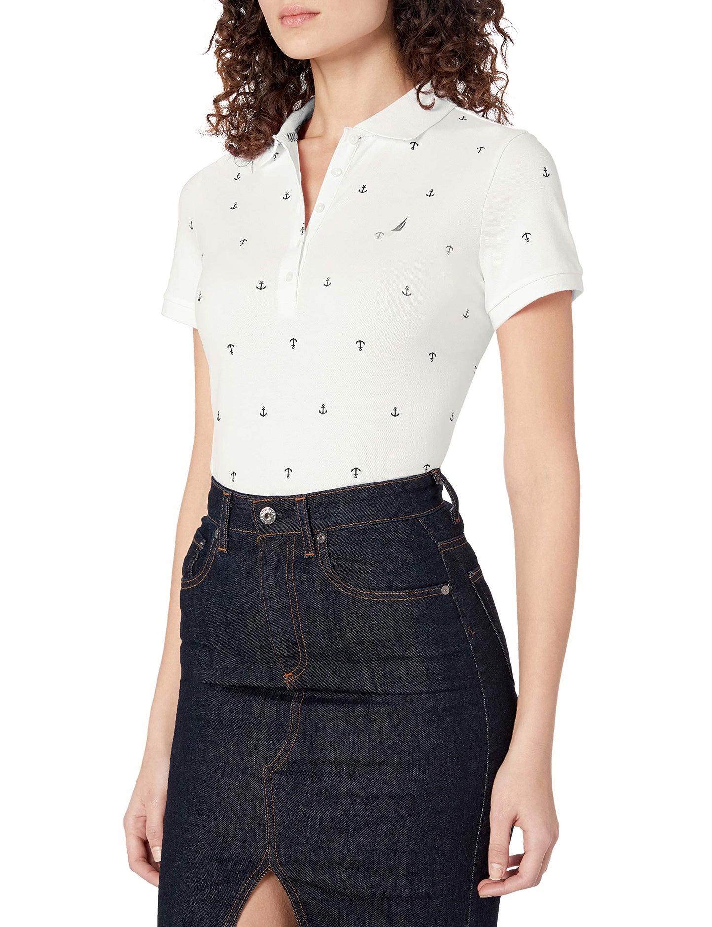 Nautica womens Classic Fit Striped V-neck Collar Stretch Cotton Polo Shirt, Bright White, X-Small US