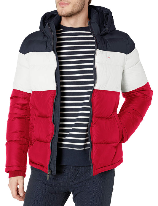 Tommy Hilfiger Men's Classic Hooded Puffer Jacket (Standard and Big & Tall), midnight/white/red, Medium