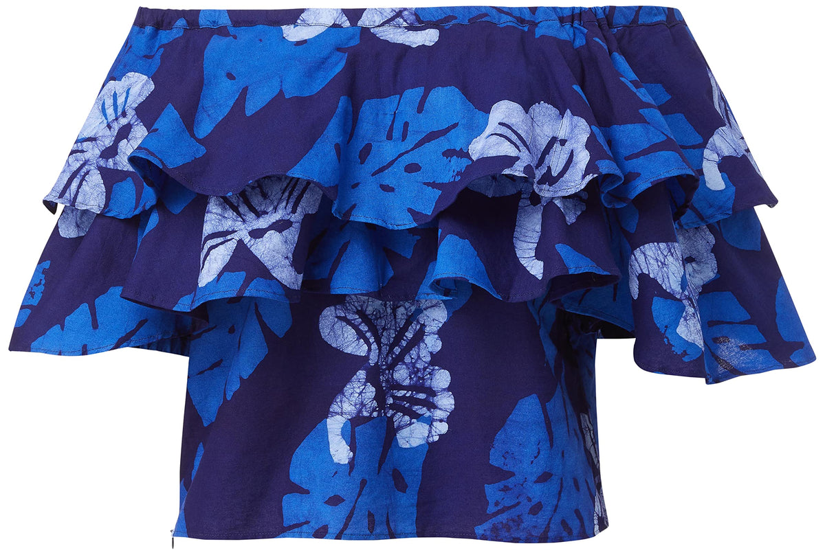 Hand-Batik Cotton Double Ruffle Top, Blue, XS