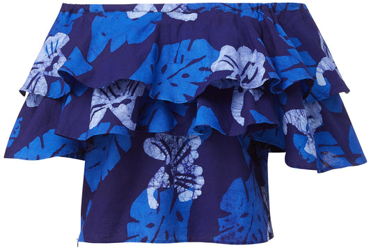 Hand-Batik Cotton Double Ruffle Top, Blue, XS