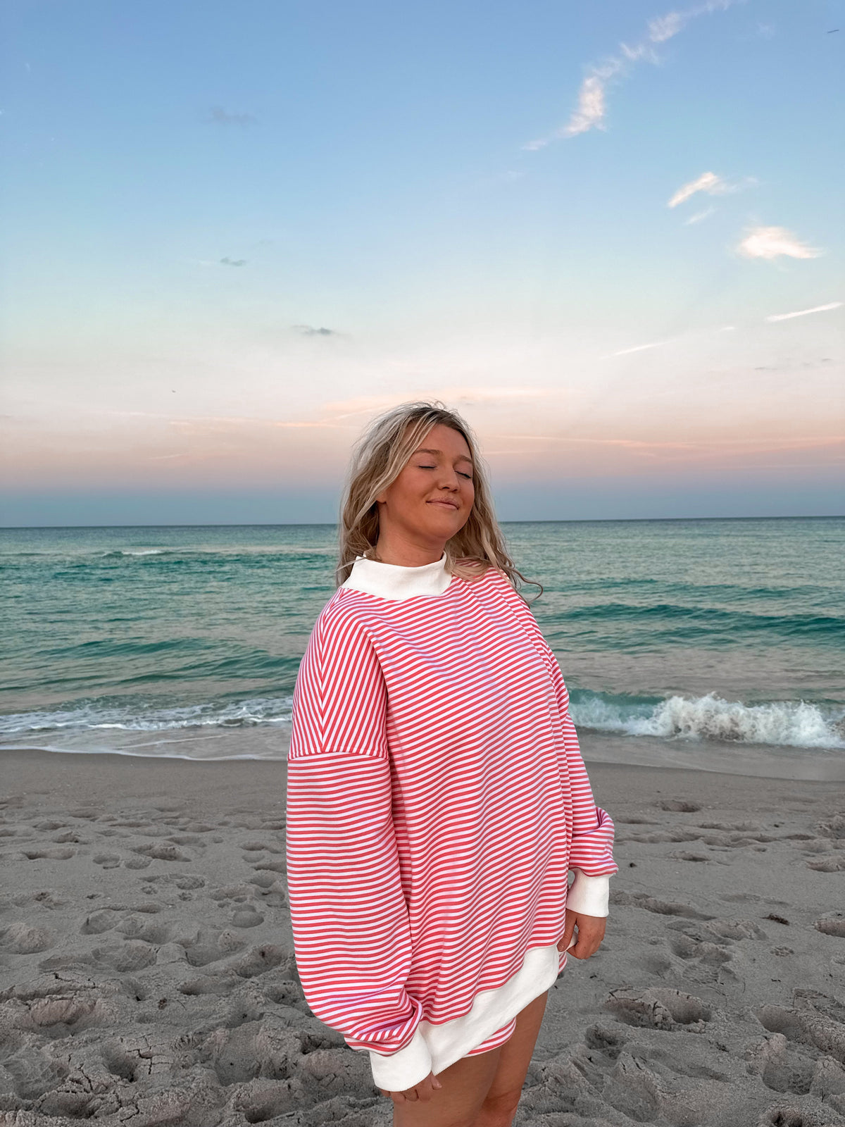 Dark Pink and White Big Striped Mockneck Sweatshirt
