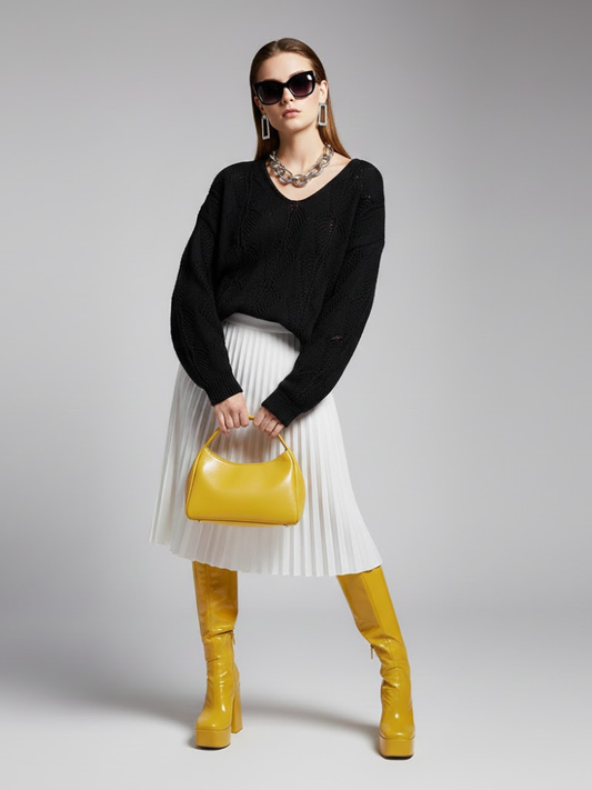 Black Open Knit V-Neck Sweater VARESE: New Colección COUTURE in NOLITA - BYMANYC ® New York