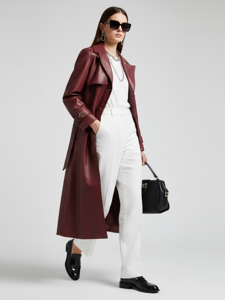 Burgundy Vegan Leather Long Trench Coat - BED-STUY: New Collection COUTURE in BROOKLYN - BYMANYC ® New York