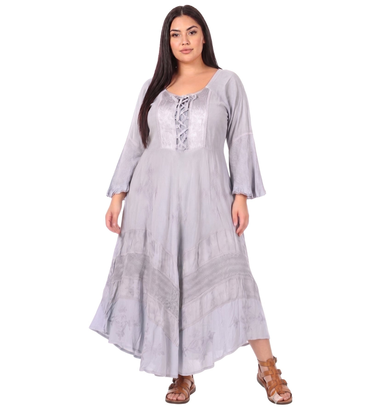 Sakkas Mirabel Stonewashed Corset Style Floral Emboridery Kimono Sleeve Dress